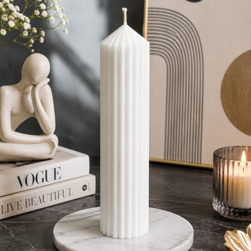 Premium Ribbed Tall Pillar Candle for Home Décor WHITE