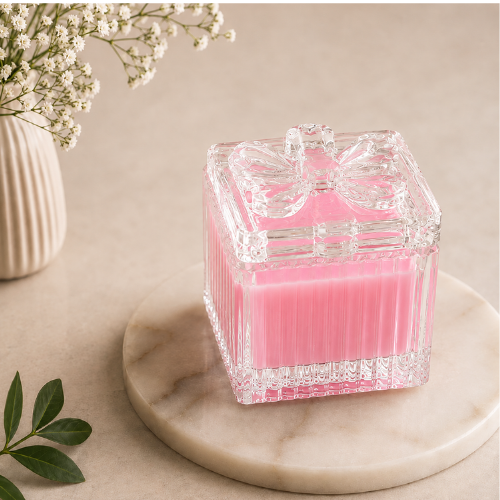Square Glass Jar Scented Candle with Crystal Lid BABY PINK
