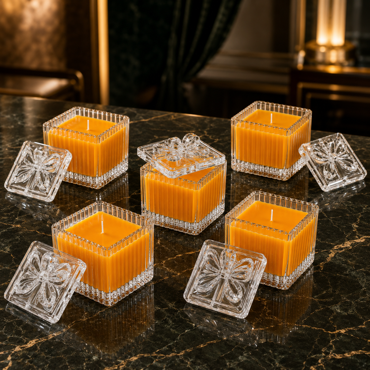 Square Glass Jar Scented Candle with Crystal Lid ORANGE