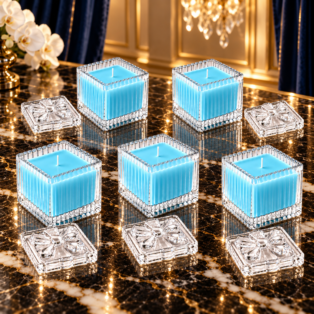 Square Glass Jar Scented Candle with Crystal Lid SKYBLUE