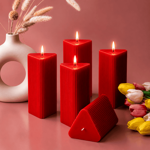 Large Triangle Ribbed Scented Pillar Candle RED