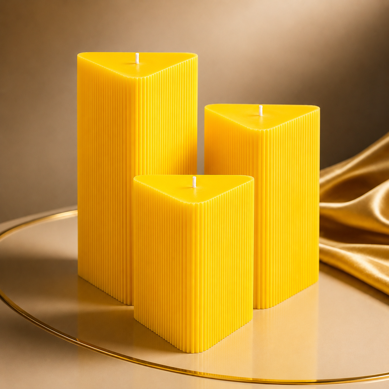 Large Triangle Ribbed Scented Pillar Candle YELLOW