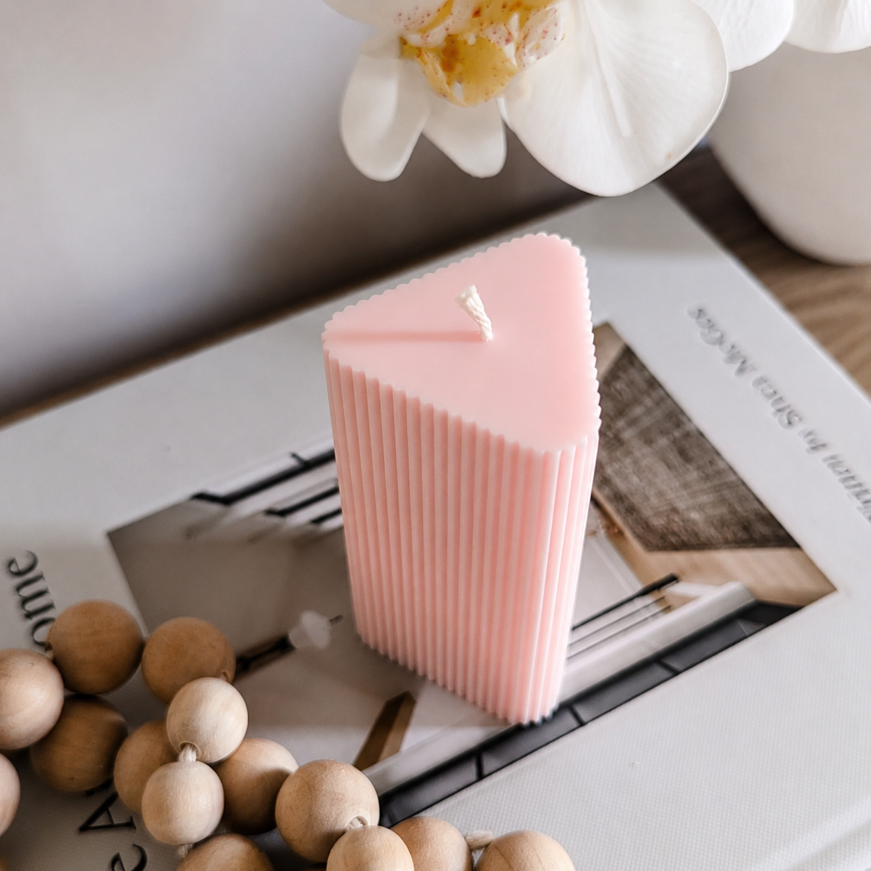 Large Triangle Ribbed Scented Pillar Candle PINK