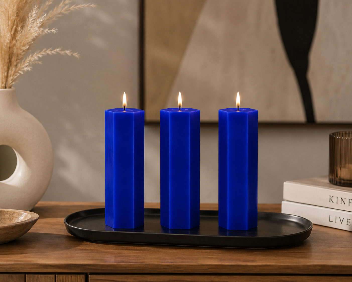 Large Hexagonal Scented Pillar Candle Royal Blue