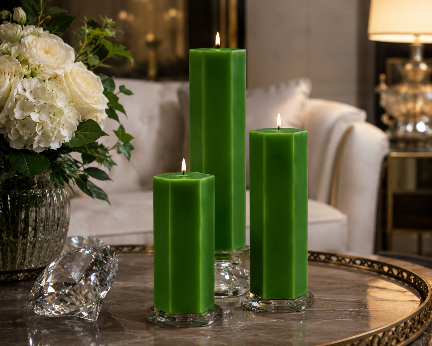 Large Hexagonal Scented Pillar Candle Green