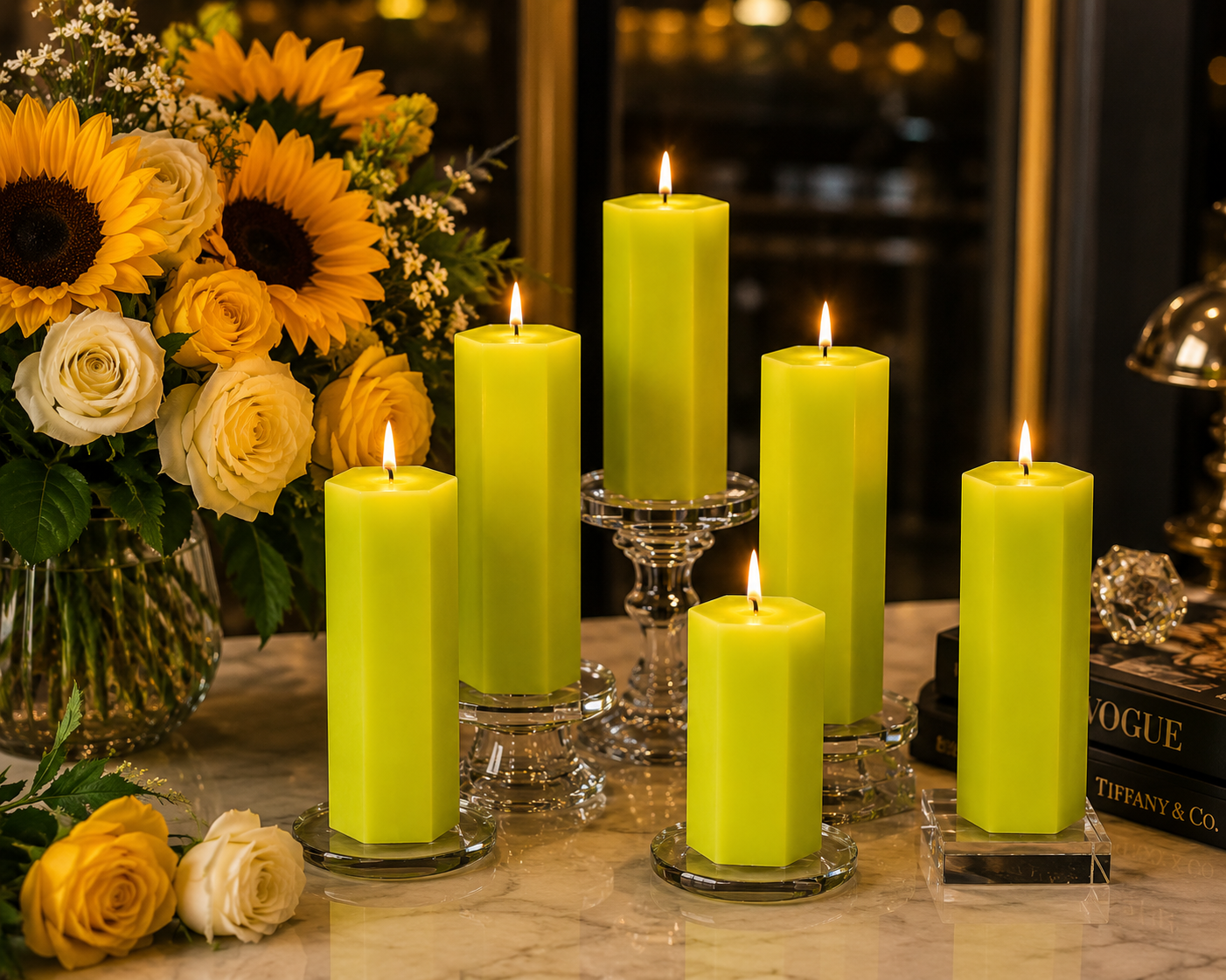 Large Hexagonal Scented Pillar Candle Light Green