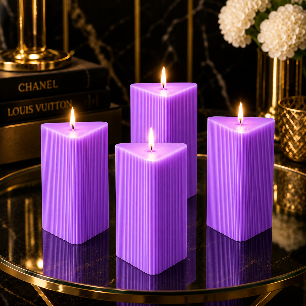 Large Triangle Ribbed Scented Pillar Candle Purple