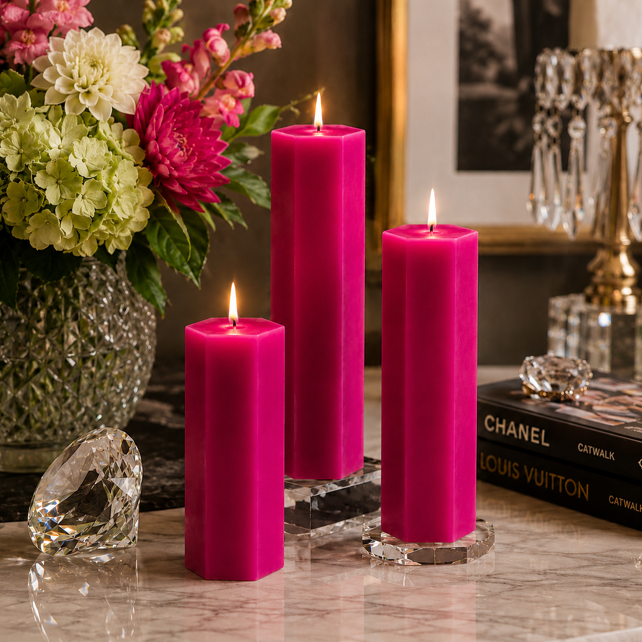 Large Hexagonal Scented Pillar Candle Magenta