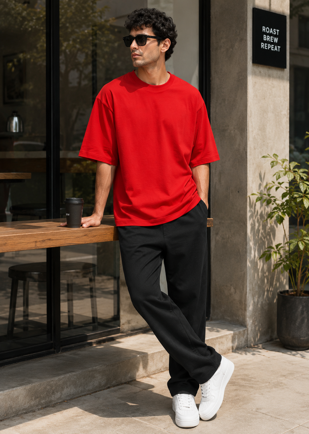 Red off shoulder cotton oversized t shirt men love for gym & casual