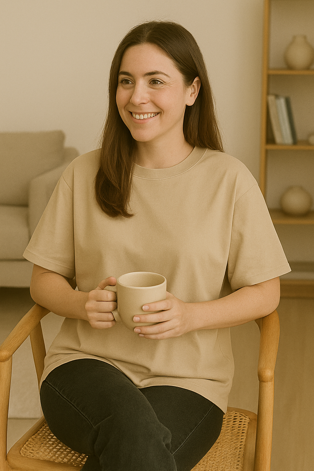 Beige Oversized Tees for Women | Loose Fit Plain Cotton T Shirt