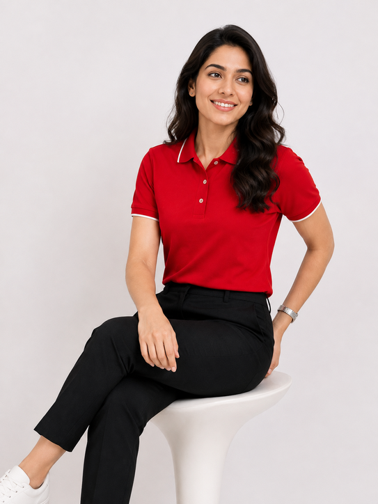 Polo Neck Tshirt Bold Red Collar Women Formal Wear