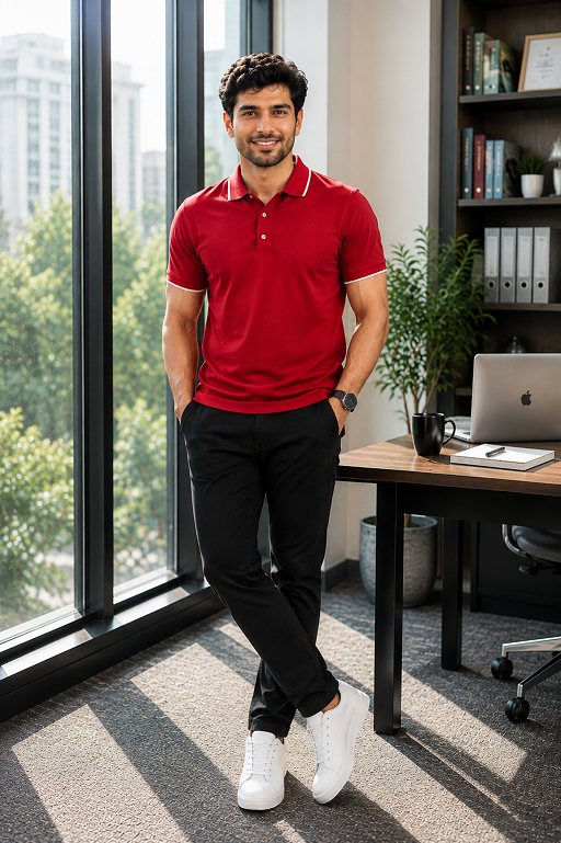 Polo Neck TShirt Bold Red Collar Men Formal Wear