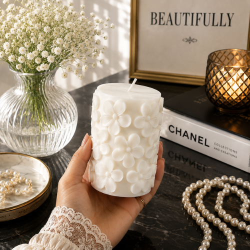 Derben Clove Floral Scented Pillar Candles for Party - WHITE