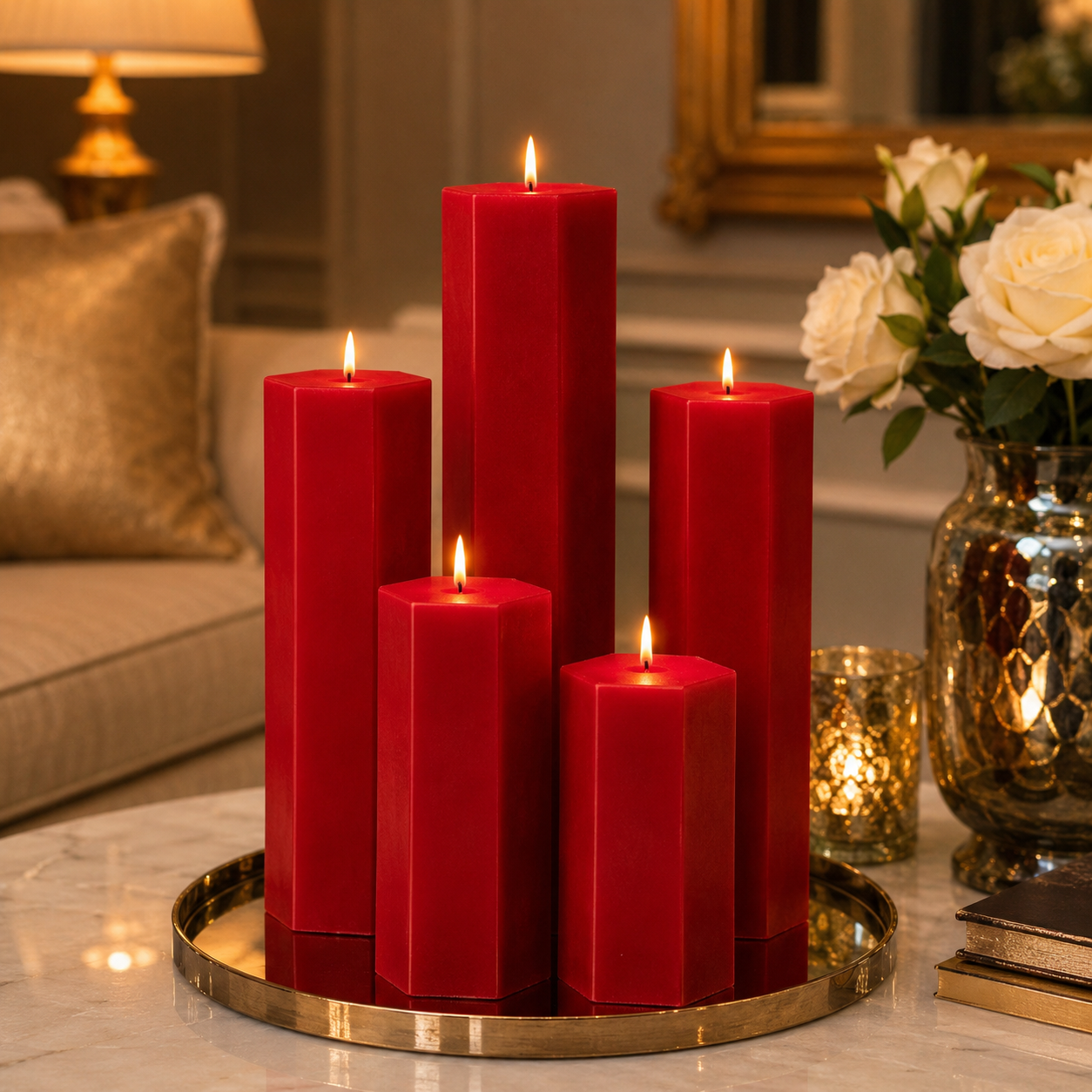 Large Hexagonal Scented Pillar Candle Red