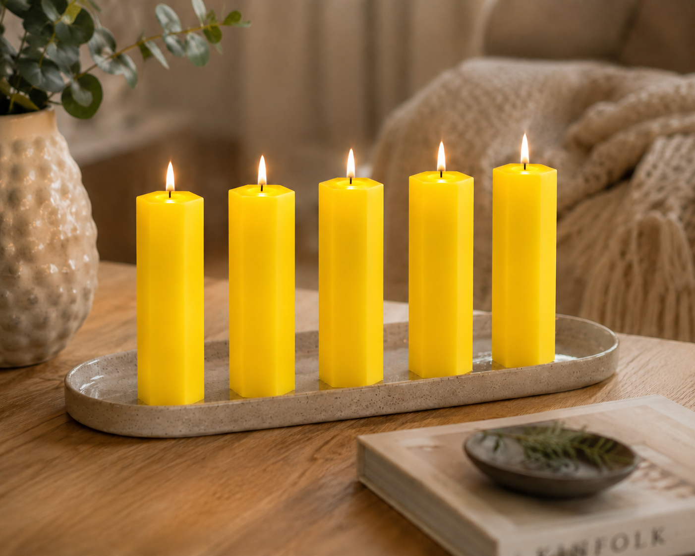 Large Hexagonal Scented Pillar Candle Yellow