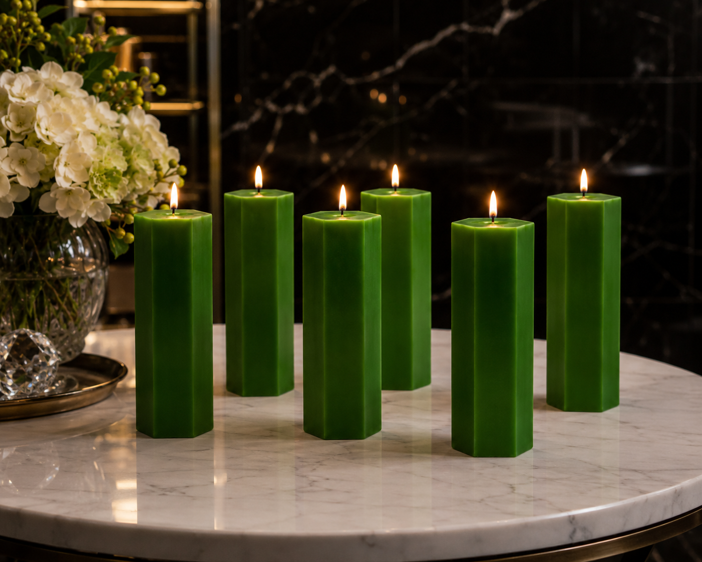 Large Hexagonal Scented Pillar Candle Green