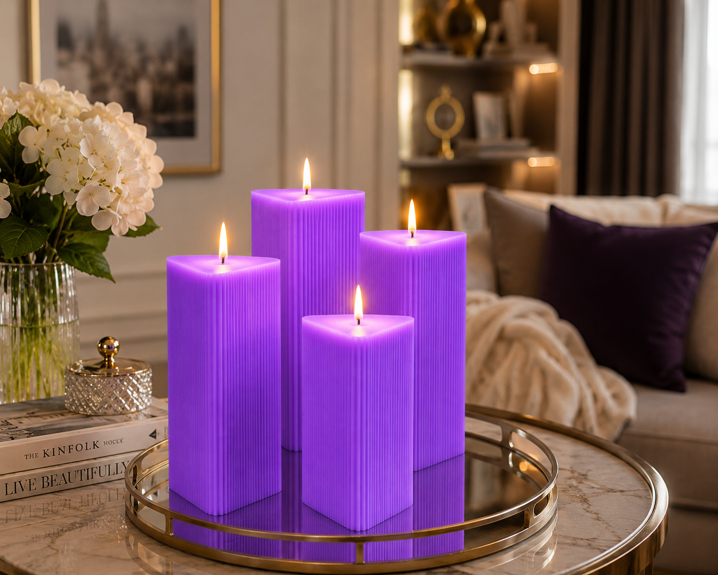 Large Triangle Ribbed Scented Pillar Candle Purple