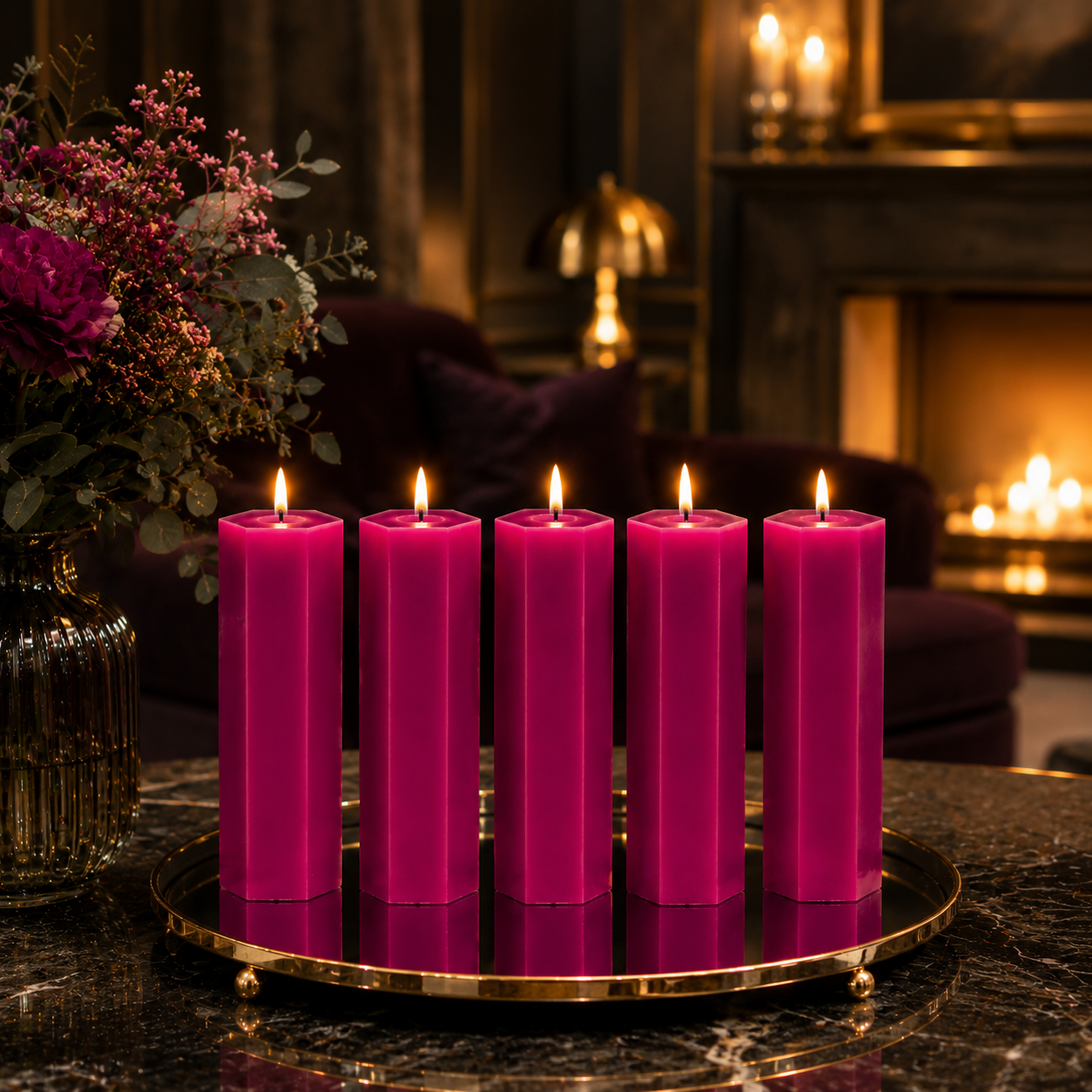 Large Hexagonal Scented Pillar Candle Magenta