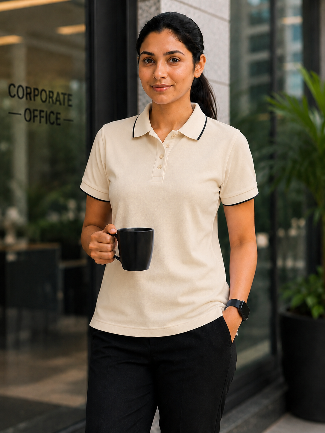 Beige Polo Formal T Shirt for Women | Office Wear T Shirt for Ladies