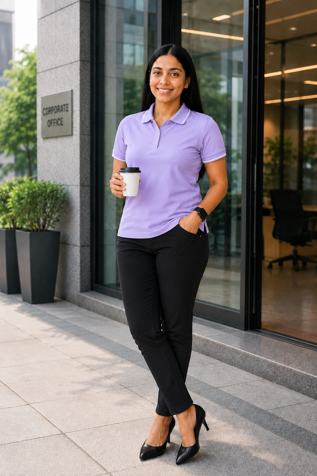 Lavender formal t shirt for women with collar perfect for office wear