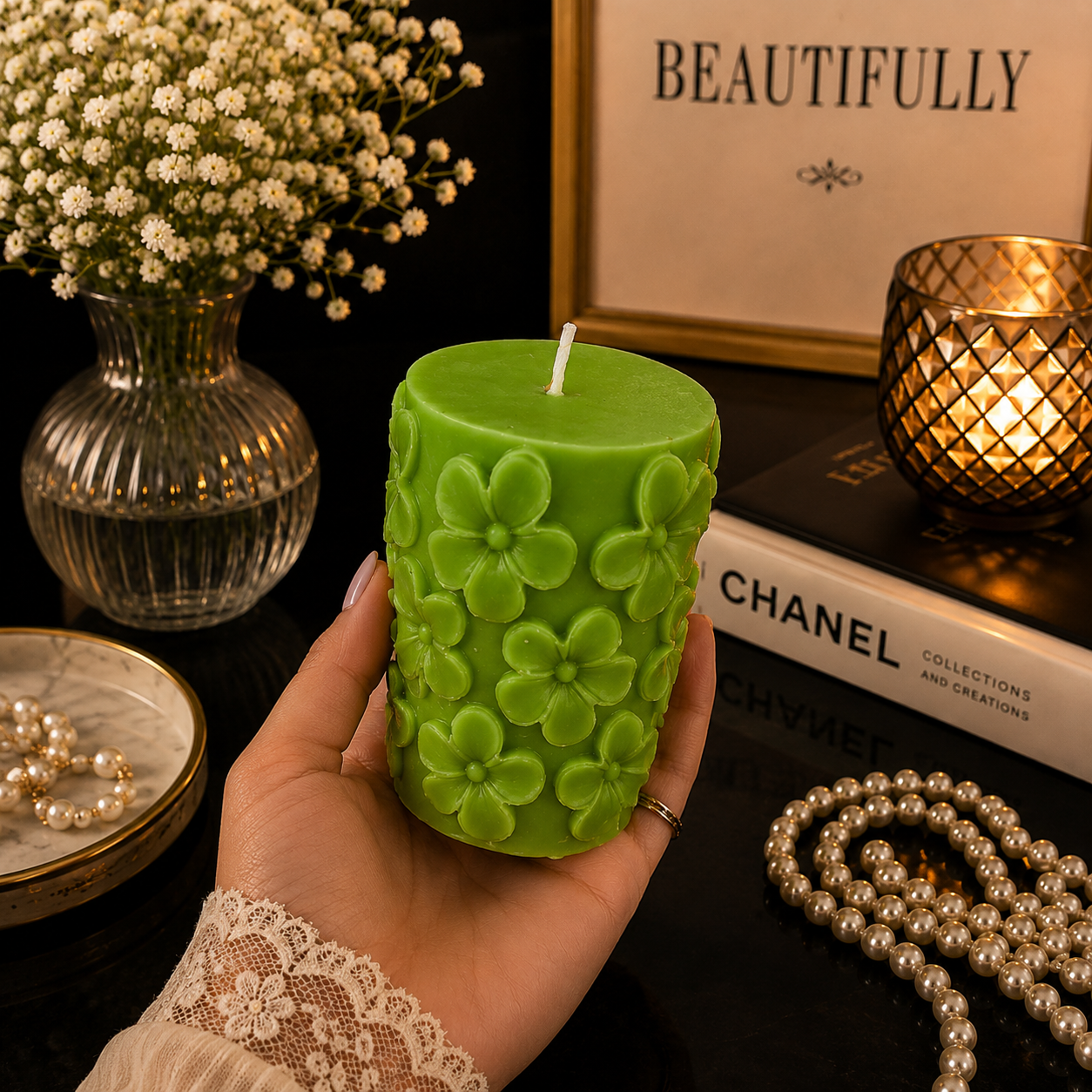 Floral Scented Pillar Candles for Party Fresh GREEN