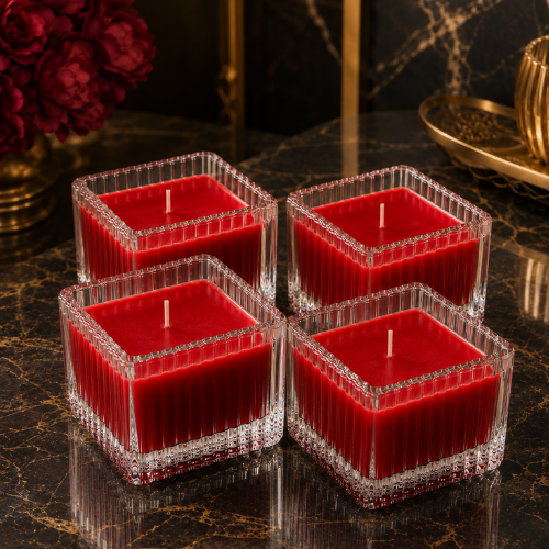 Square Glass Jar Scented Candle with Crystal Lid RED