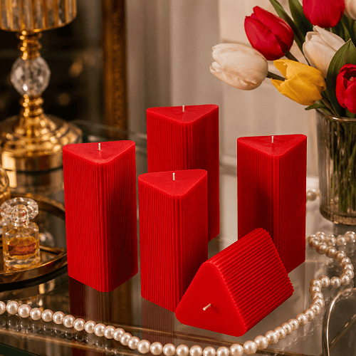 Large Triangle Ribbed Scented Pillar Candle RED