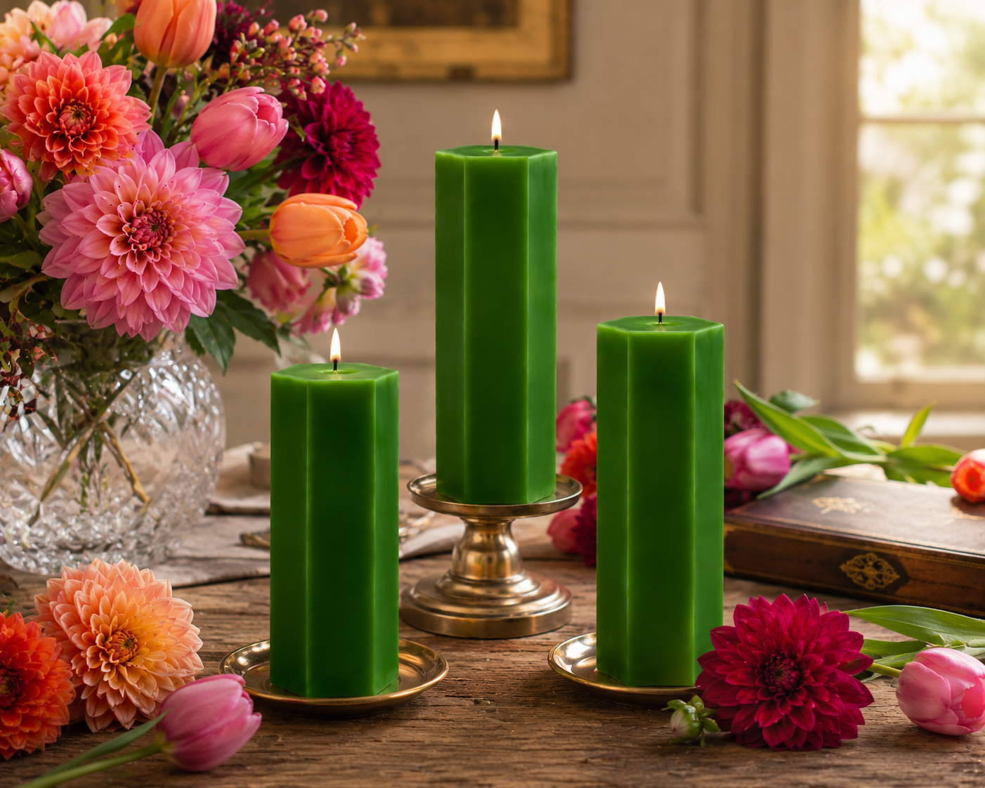 Large Hexagonal Scented Pillar Candle Green