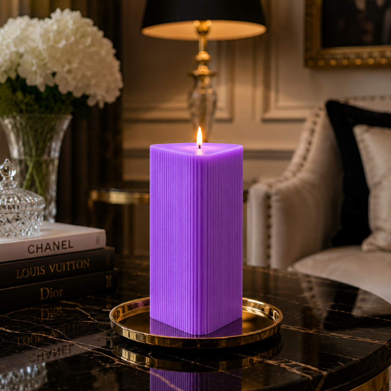 Large Triangle Ribbed Scented Pillar Candle Purple