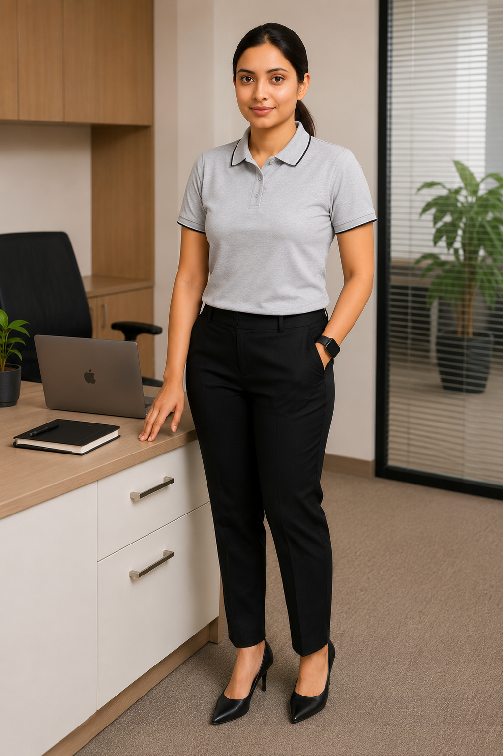 Grey formal polo t shirt for women with collar perfect for office wear
