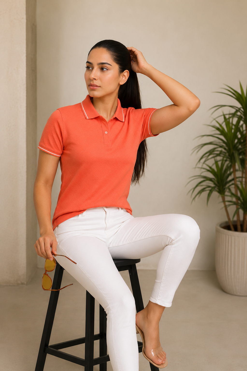 Coral formal polo t shirt for women with collar, ideal for office wear