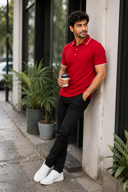 Polo Neck TShirt Bold Red Collar Men Formal Wear