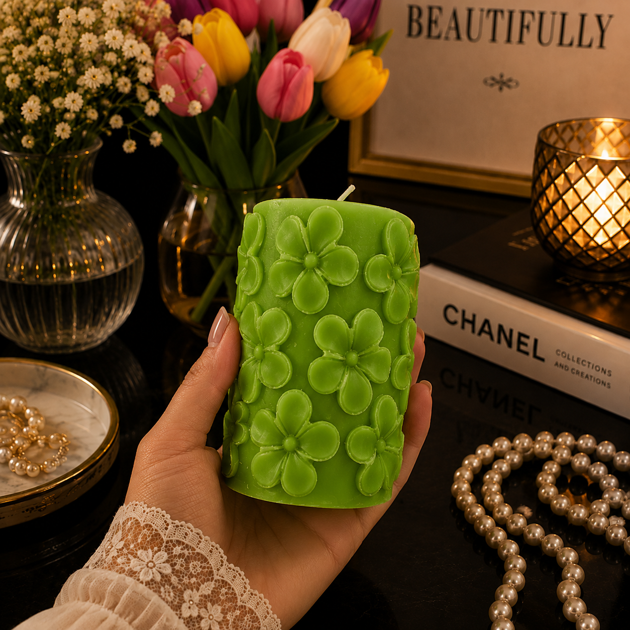 Derben Clove Floral Scented Pillar Candles for Party - GREEN