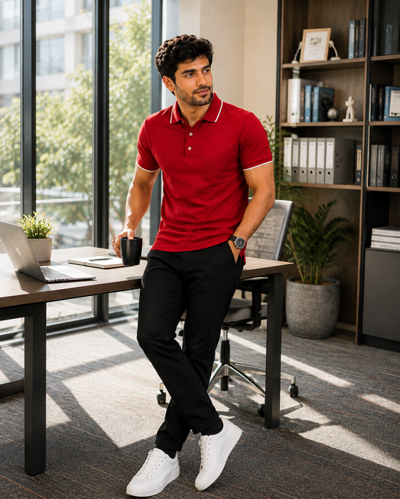 Polo Neck TShirt Bold Red Collar Men Formal Wear