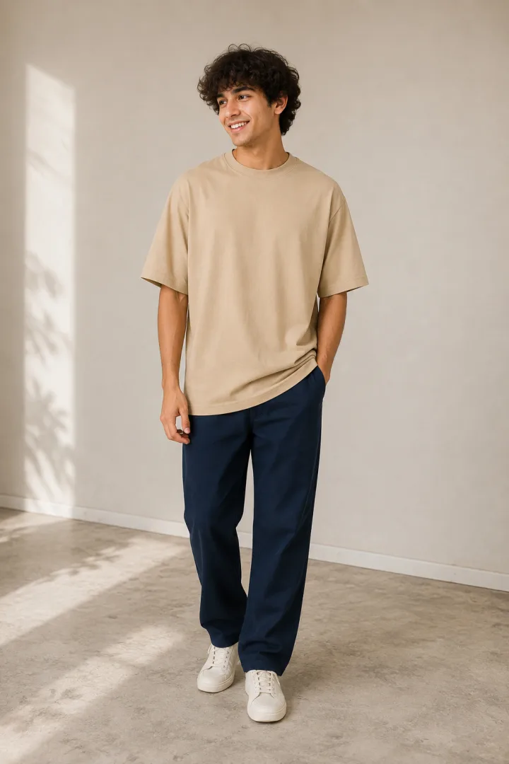 Plain Oversized T Shirt for Men Baggy Cotton Gym Tee Loose Fit - BEIGE