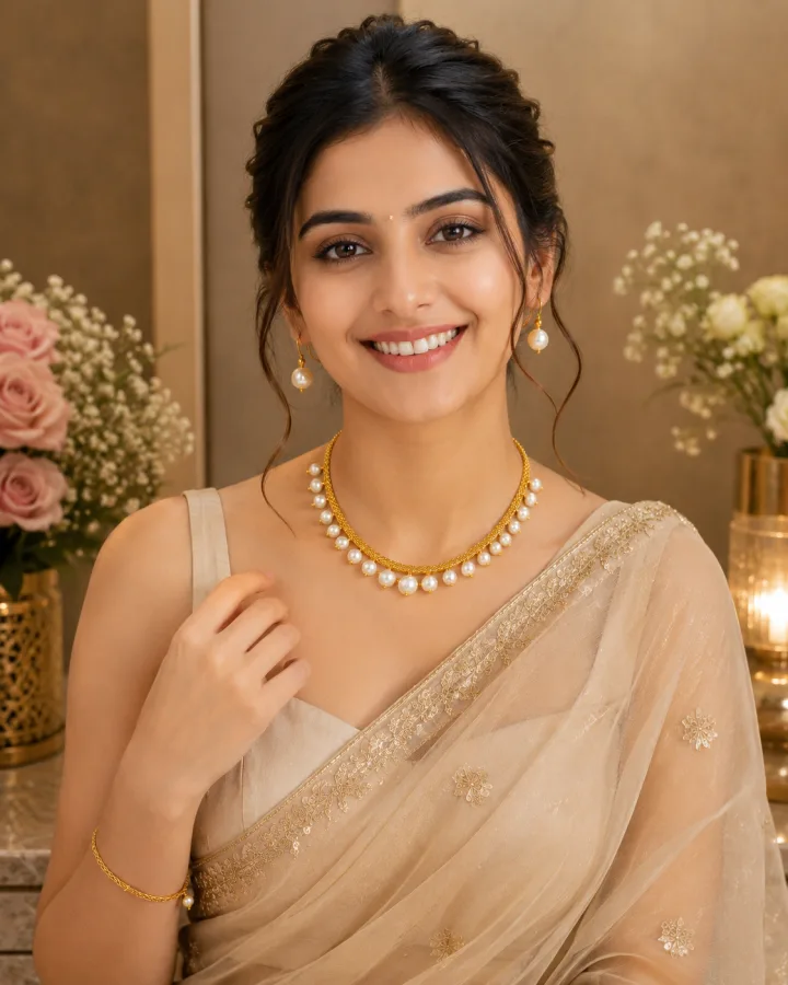 American Diamond Filled Chain and Pearls Necklace Set White