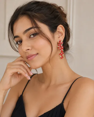 Beautiful Italian Long Red Golden Crystal Stone Zircons Flower Earring
