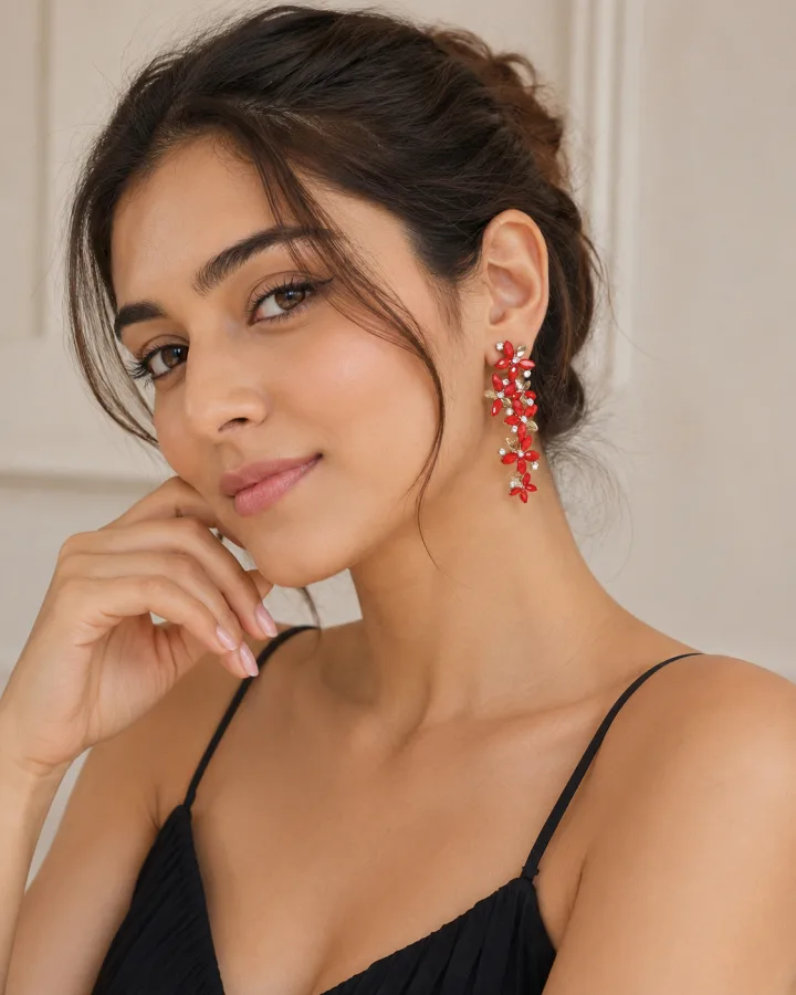 Beautiful Italian Long Red Golden Crystal Stone Zircons Flower Earring