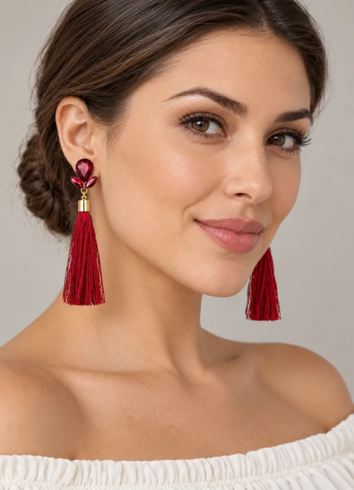 Beautiful Italian Long Brass silk Thread Tassel Flowers Earrings