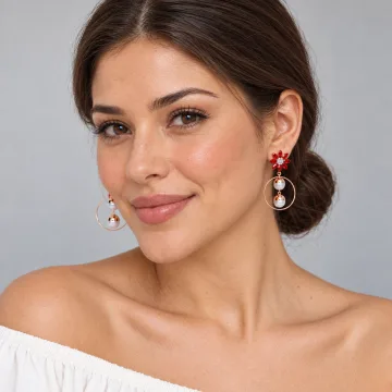 Beautiful Floral Pattern Hoop Earrings with White Pearl Hangings Red