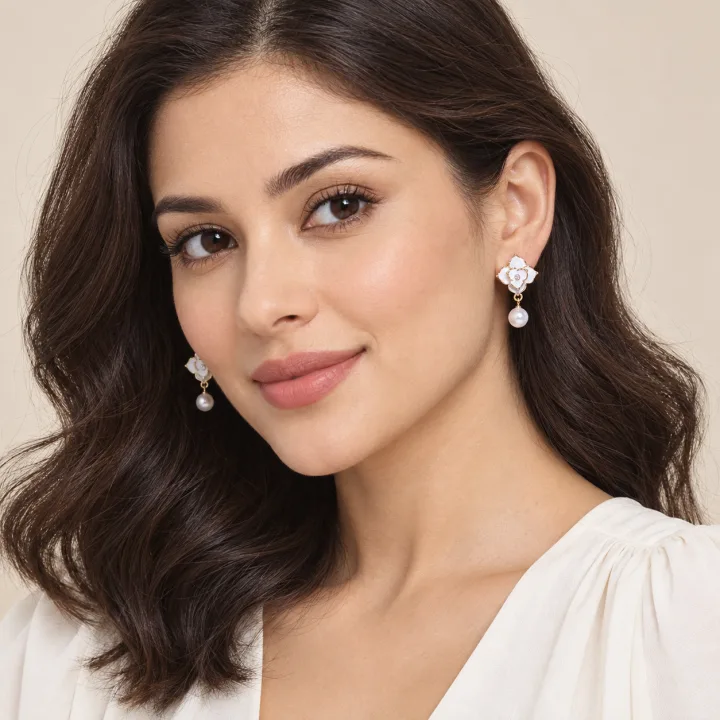 Scintillating Korean Floral Earring with Pearl Hanging for Girls White