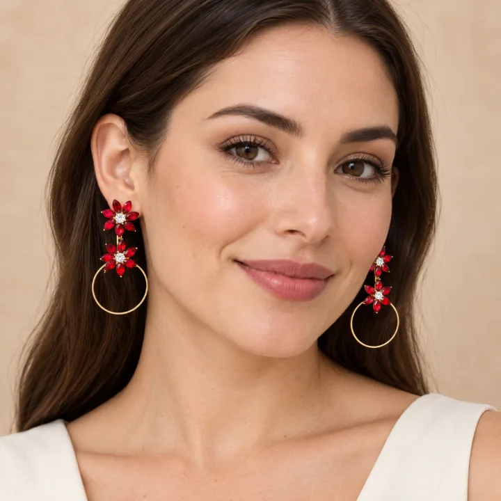 Red Floral Crystal Drop Hoop Earrings for Women & Girls