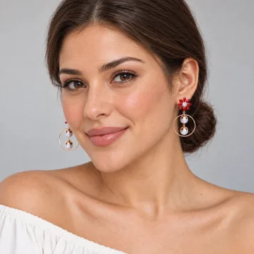 Red Floral Crystal Pearl Drop Hoop Earrings for Women & Girls