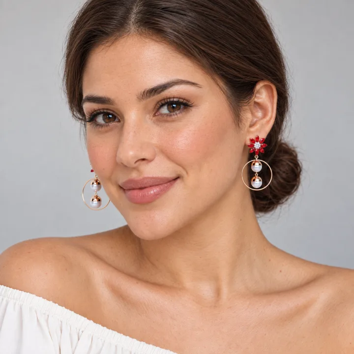 Red Floral Crystal Pearl Drop Hoop Earrings for Women & Girls