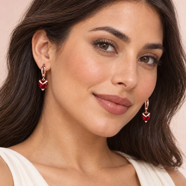Copper Crystal Red Heart Shaped Ruby Stud Korean Drop Earring For Girl