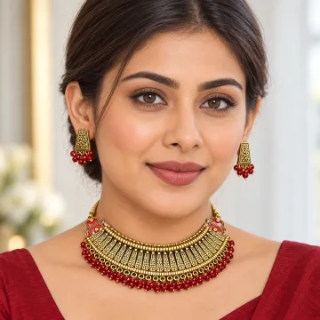 Latest Traditional Gold Plated Alloy Necklace Set for Girls and Women