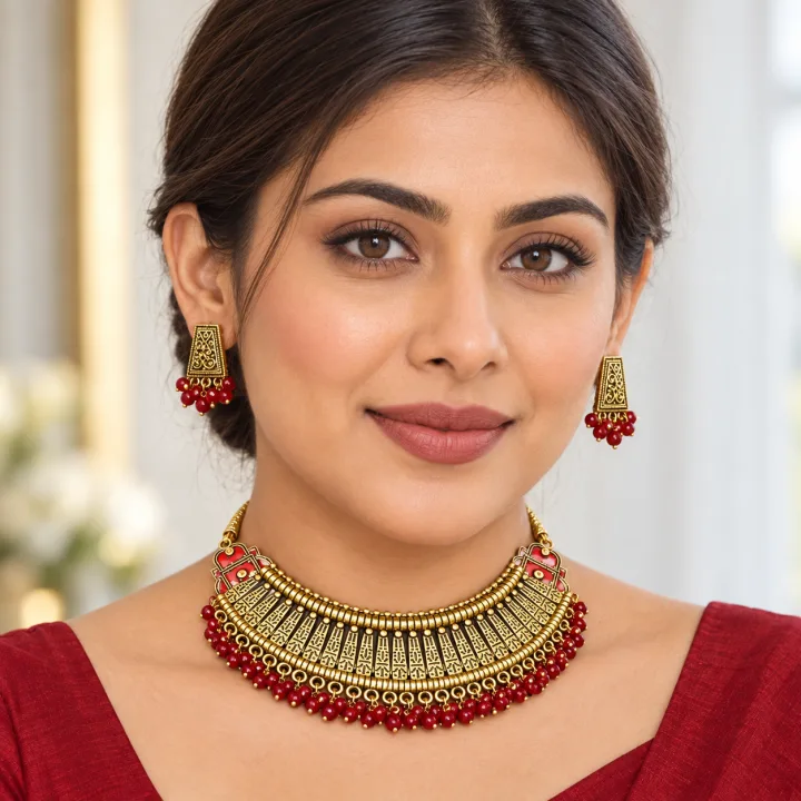 Latest Traditional Gold Plated Alloy Necklace Set for Girls and Women