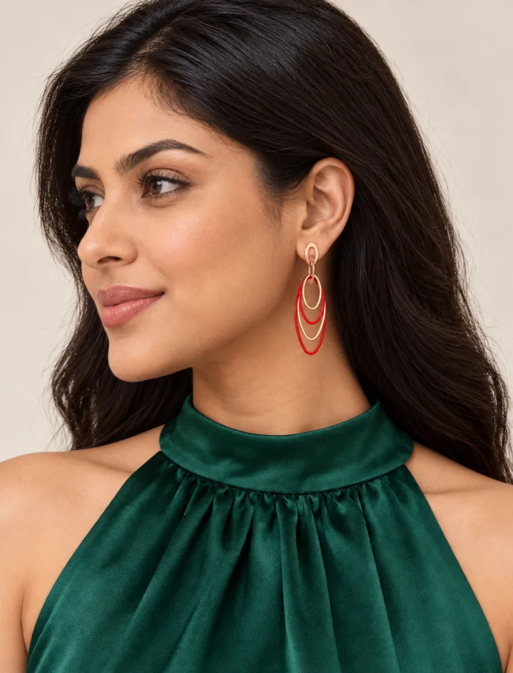 Shiny Korean Gold and Red Oval Hoops Hanging Earrings Red Golden