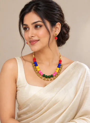 Beautiful Beaded Exclusive Brass Necklace Set for Women Multicolor