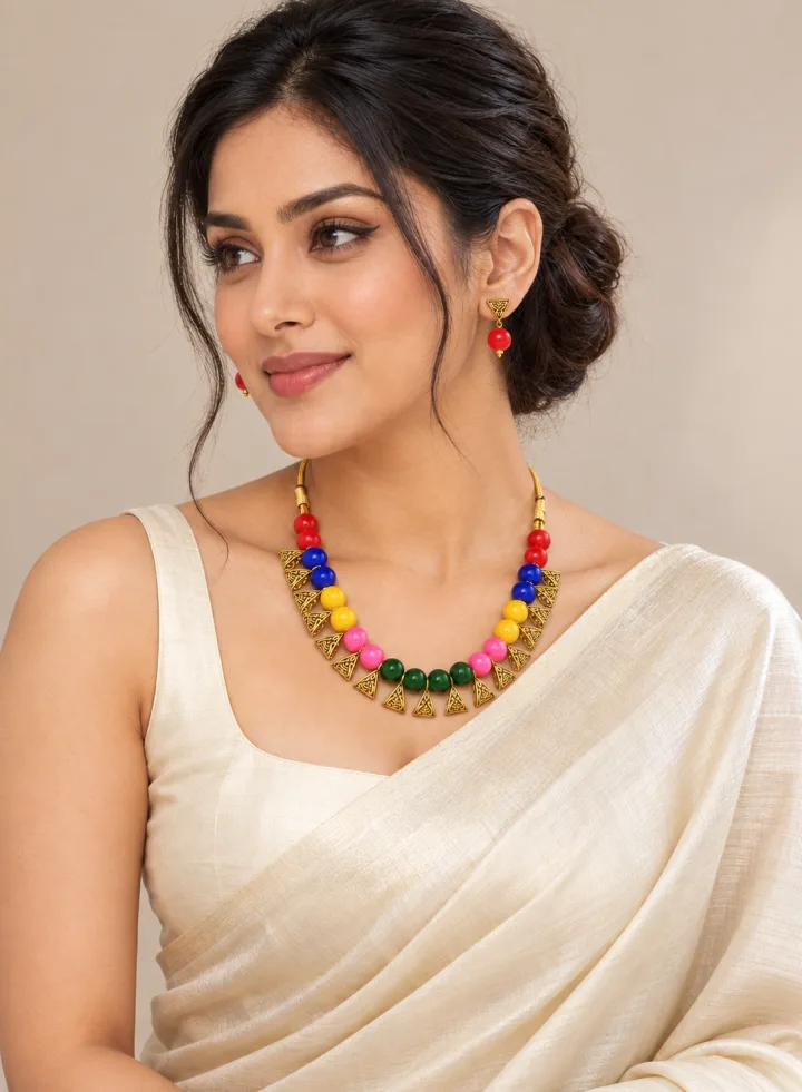 Beautiful Beaded Exclusive Brass Necklace Set for Women Multicolor